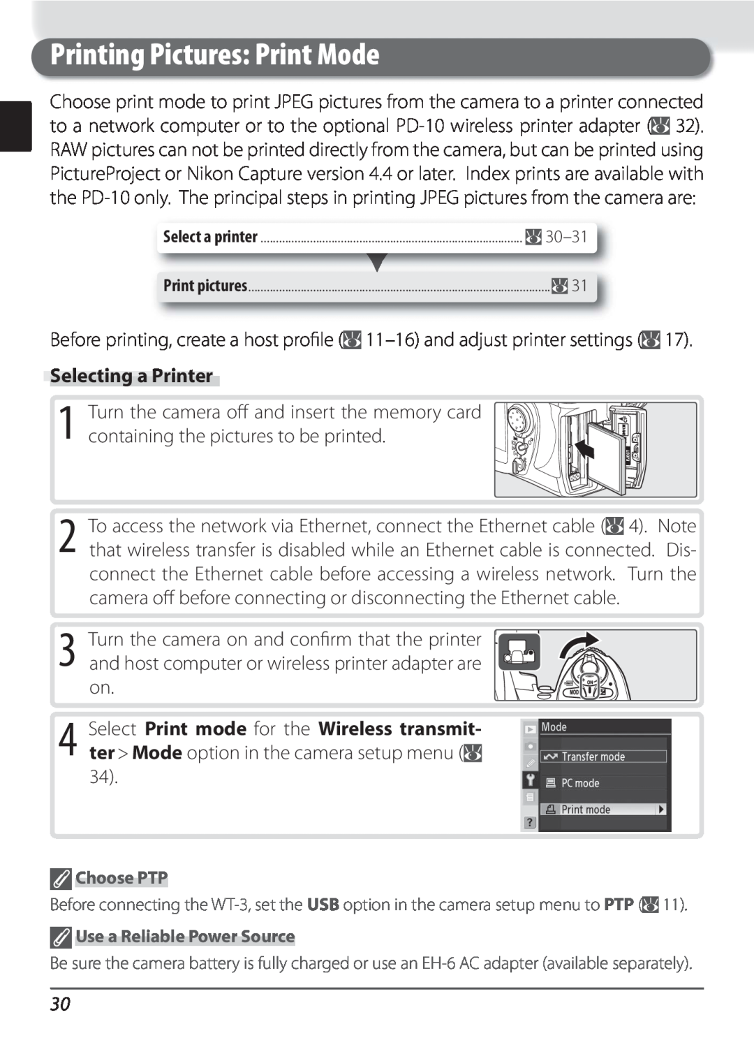Nikon WT-3 user manual Printing Pictures Print Mode, Selecting a Printer 