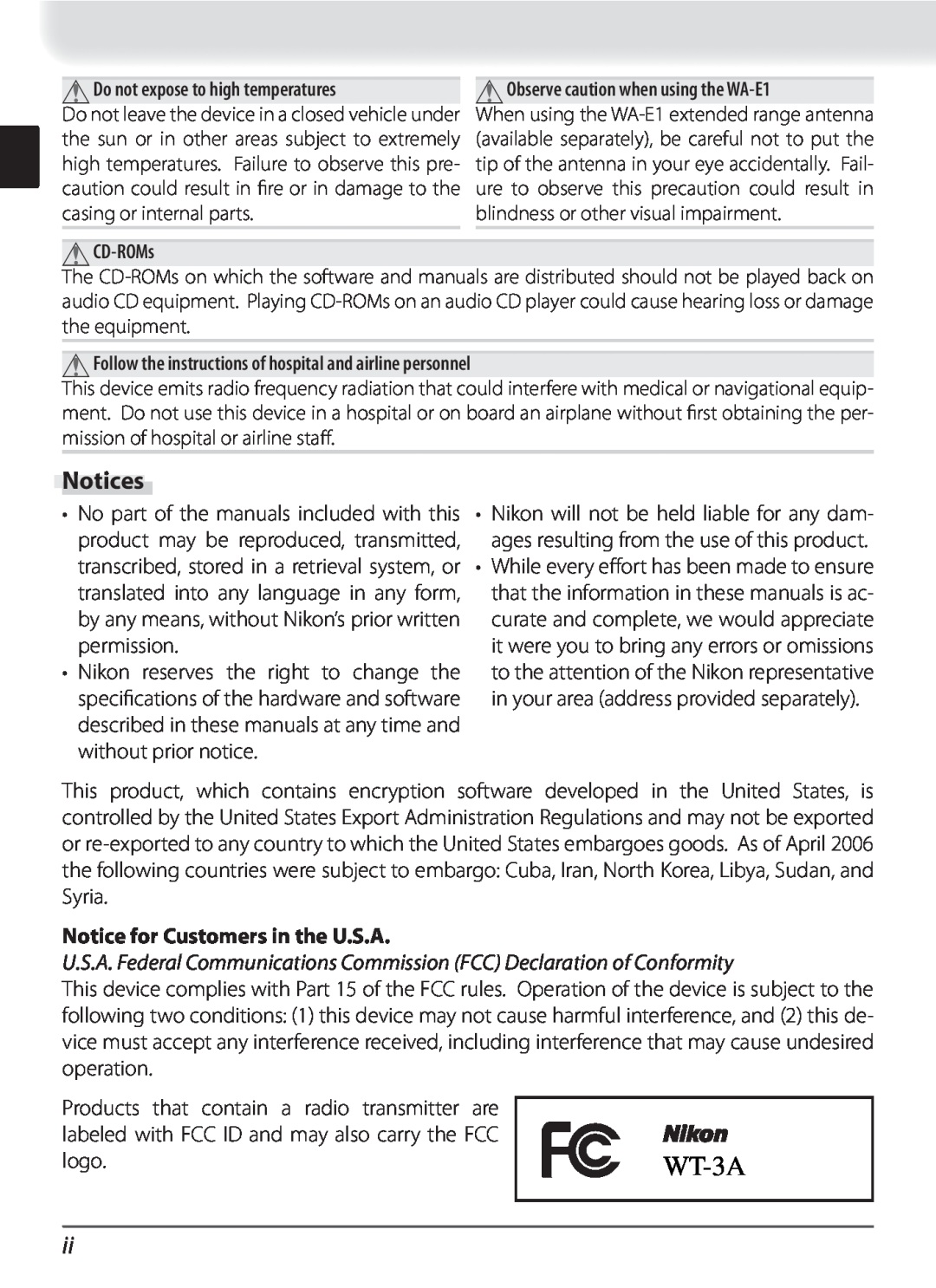Nikon user manual Notices, Notice for Customers in the U.S.A, WT-3A 