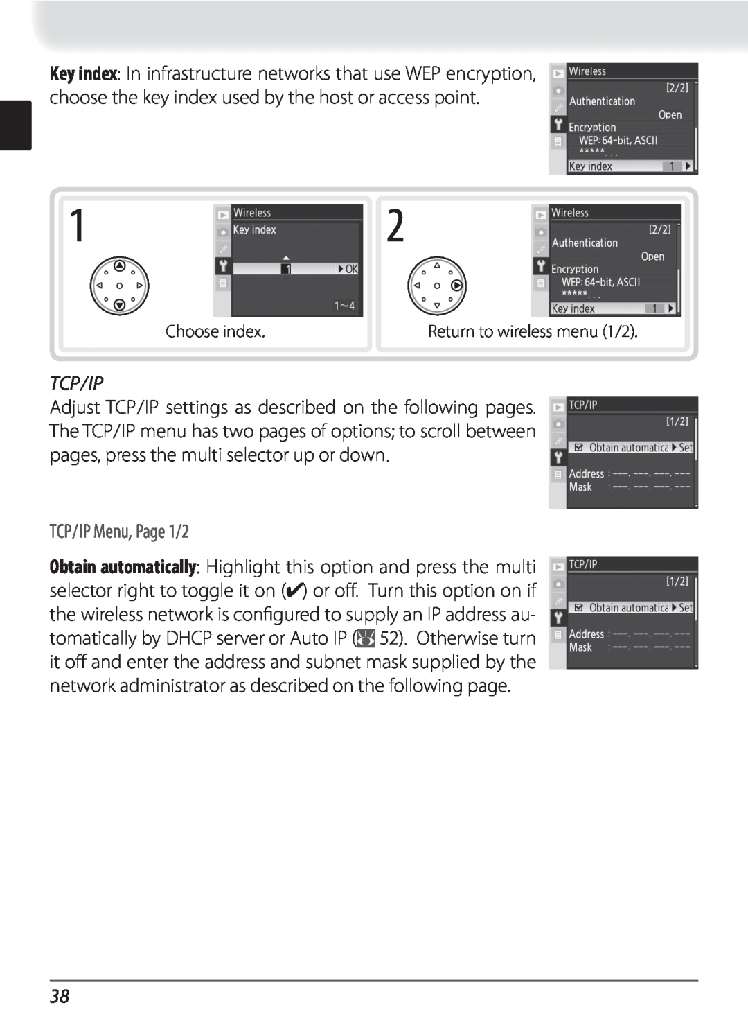 Nikon WT-3 user manual Tcp/Ip, TCP/IP Menu, Page 1/2 