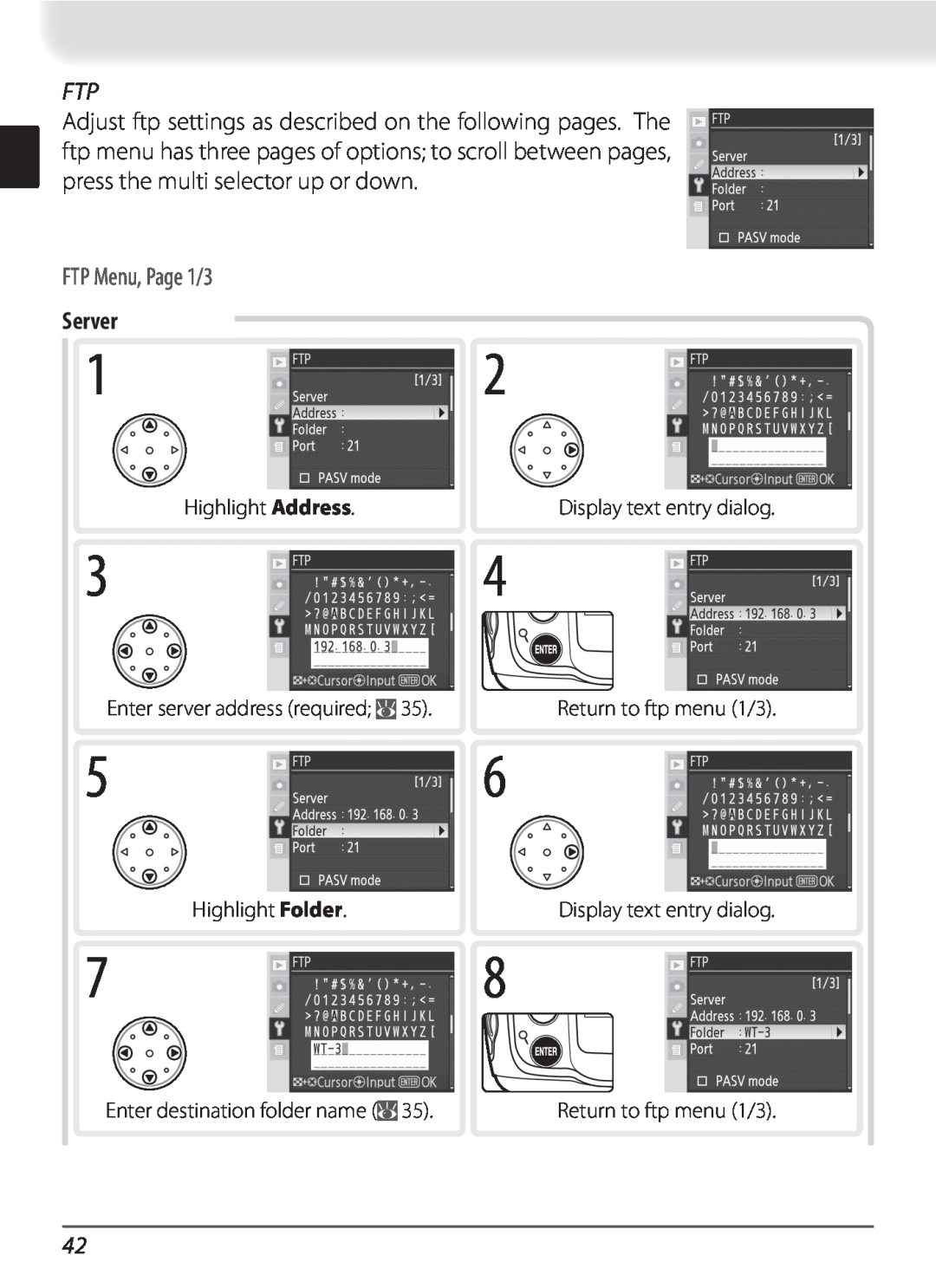 Nikon WT-3 user manual FTP Menu, Page 1/3, Server 