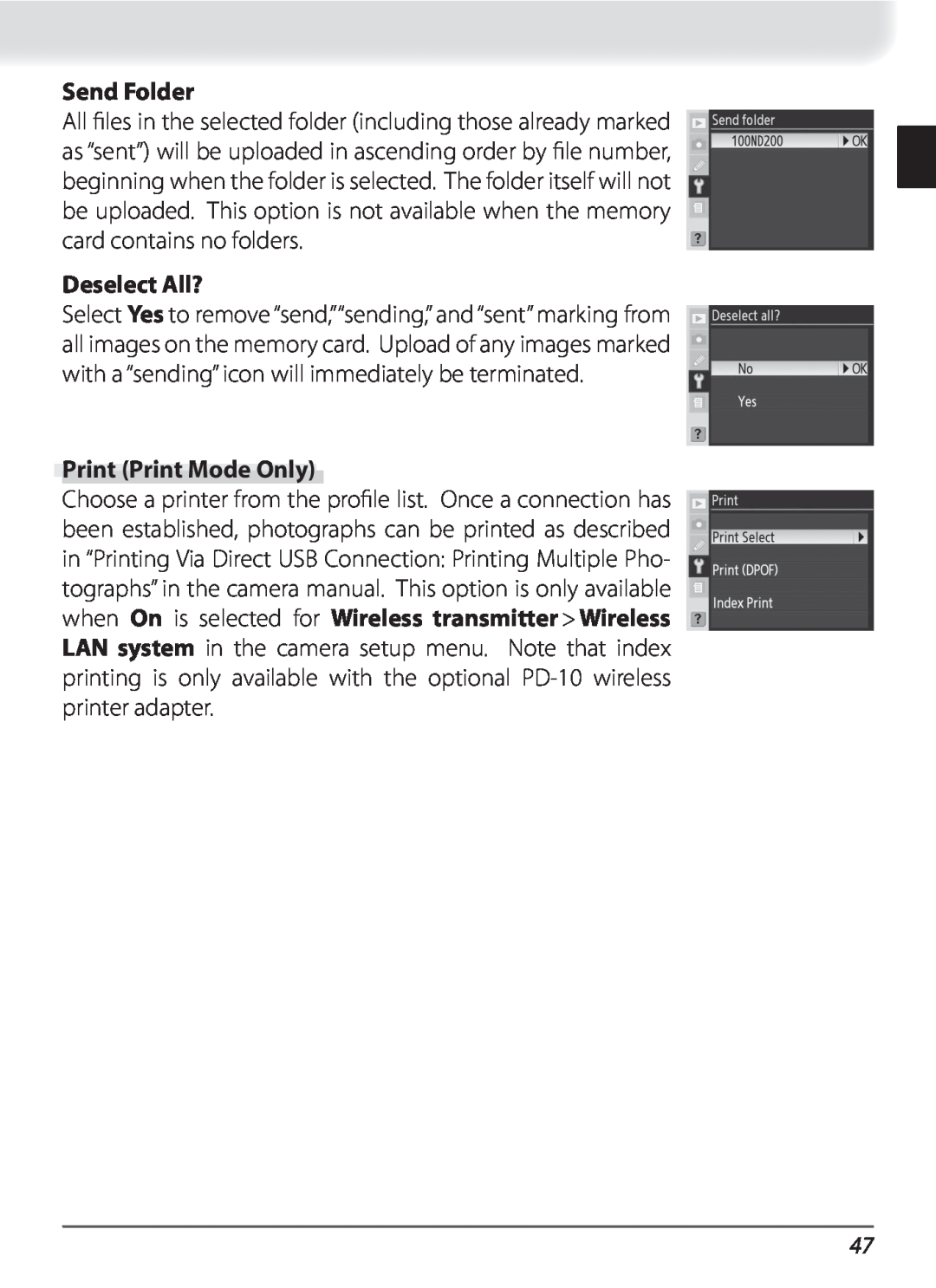 Nikon WT-3 user manual Send Folder, Deselect All?, Print Print Mode Only 