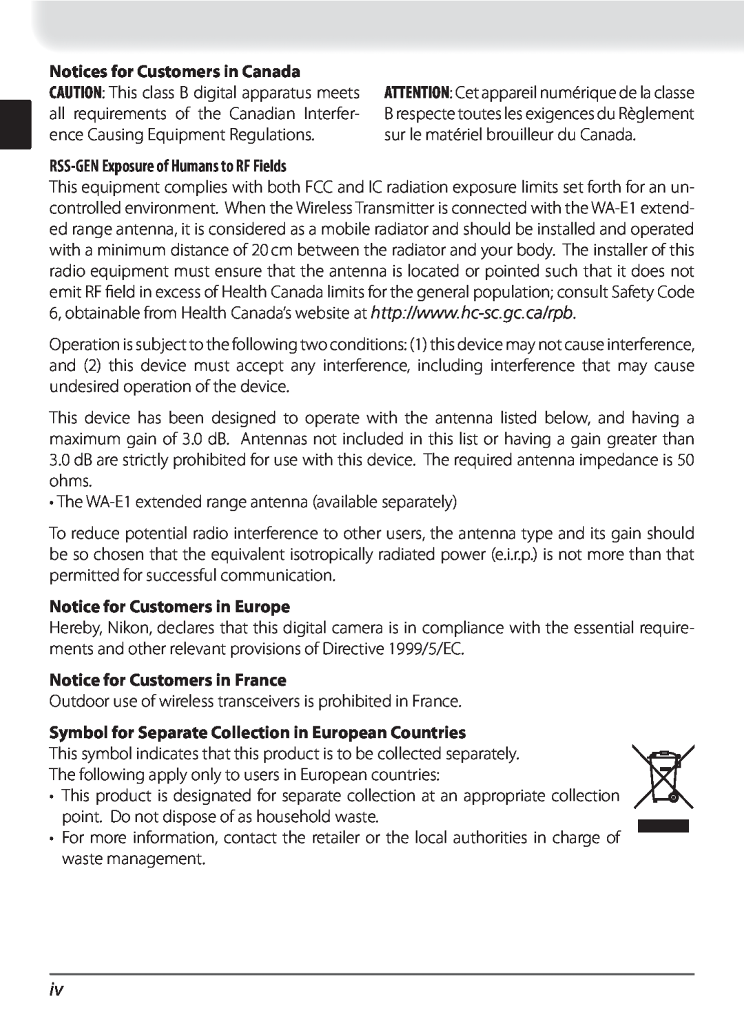Nikon WT-3 RSS-GEN Exposure of Humans to RF Fields, Notice for Customers in Europe, Notice for Customers in France 