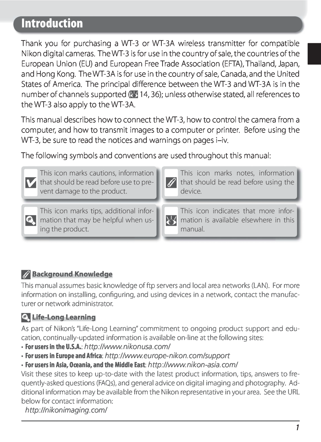 Nikon WT-3 Introduction, The following symbols and conventions are used throughout this manual, Background Knowledge 