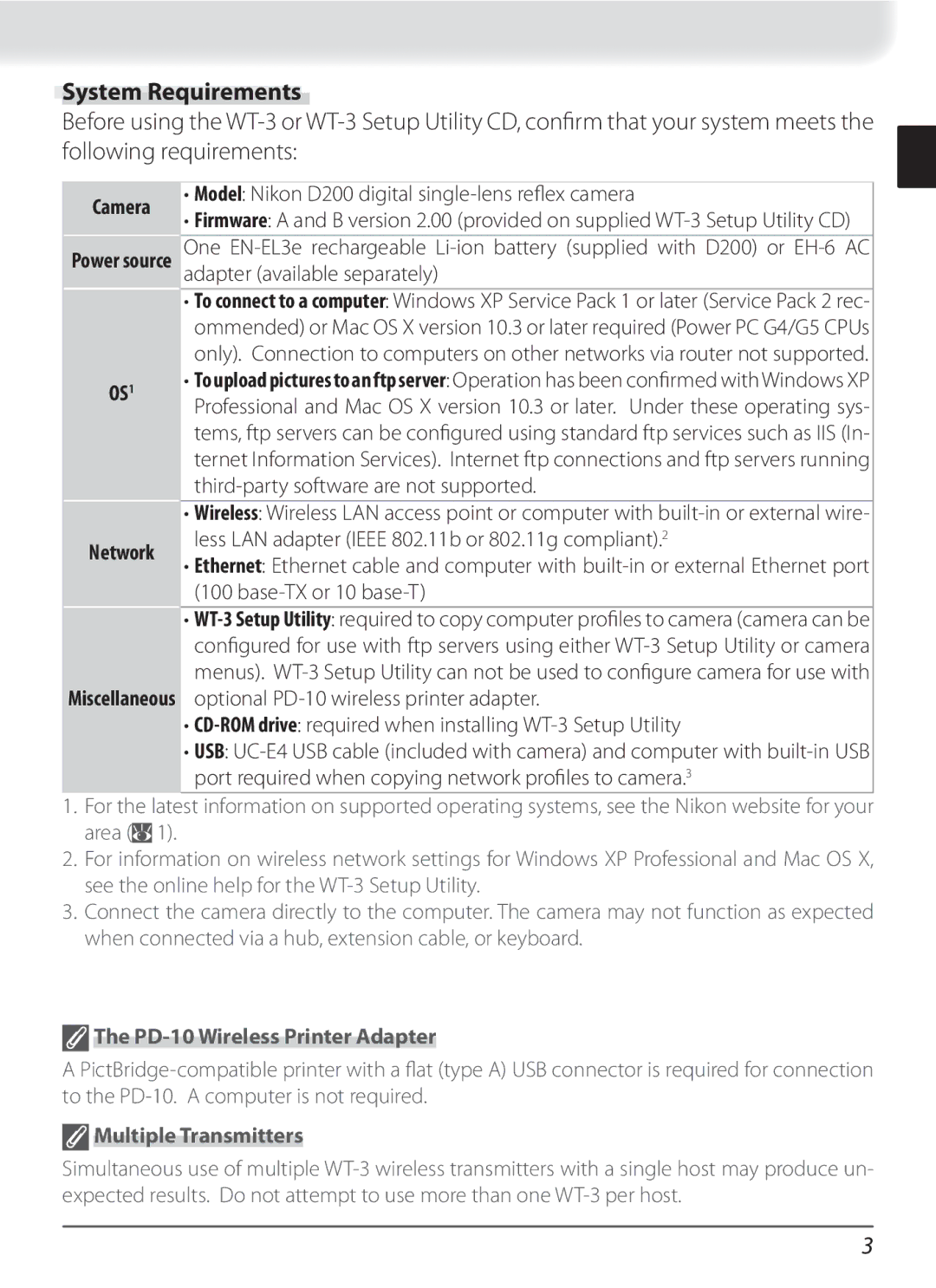 Nikon WT-3 user manual System Requirements, PD-10 Wireless Printer Adapter, Multiple Transmitters 