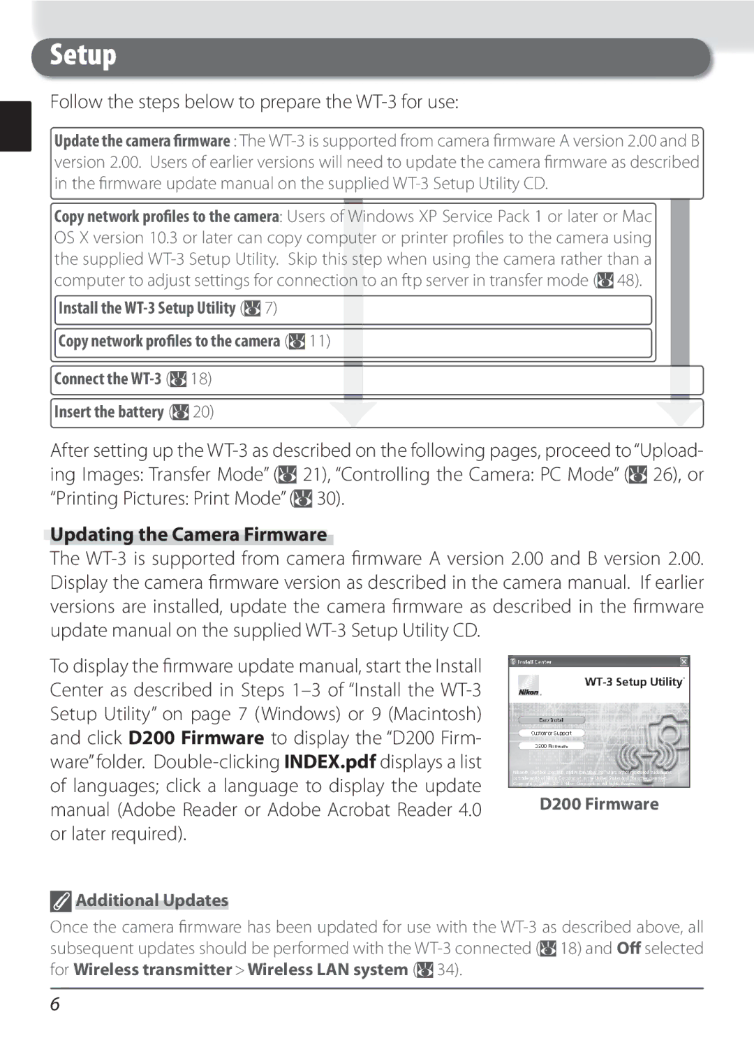 Nikon user manual Follow the steps below to prepare the WT-3 for use, Updating the Camera Firmware, Additional Updates 