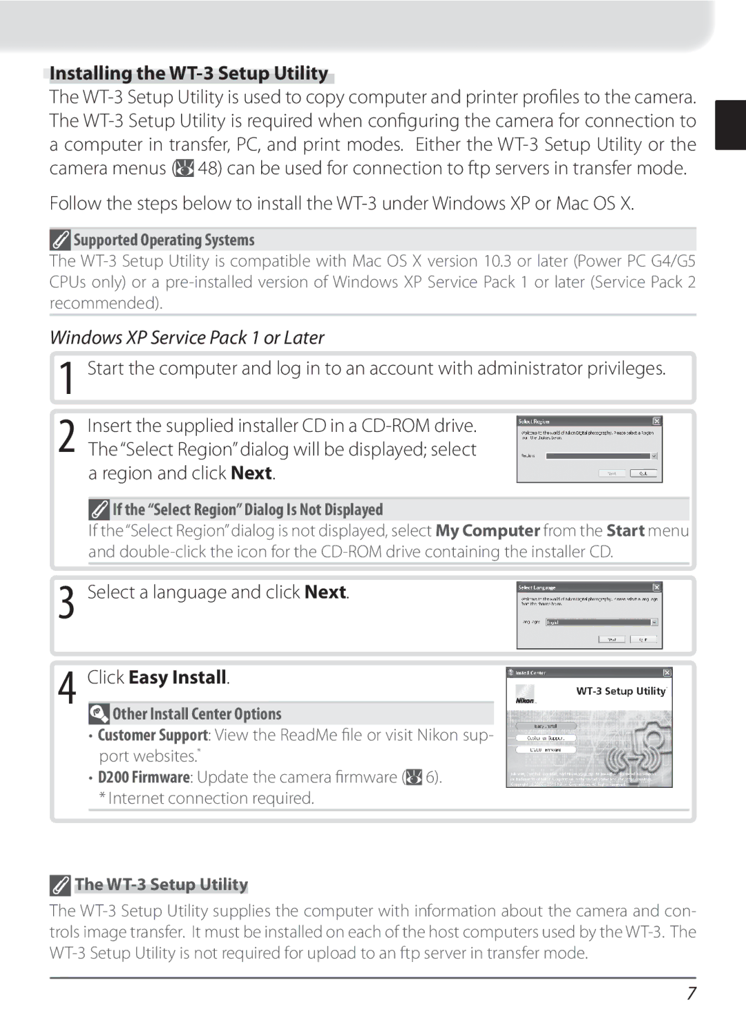 Nikon Installing the WT-3 Setup Utility, Windows XP Service Pack 1 or Later, Select a language and click Next 