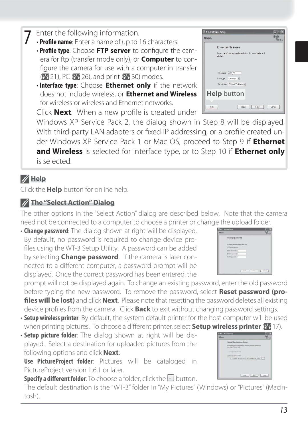 Nikon WT-3 Enter the following information, Proﬁle name Enter a name of up to 16 characters, Help, Select Action Dialog 