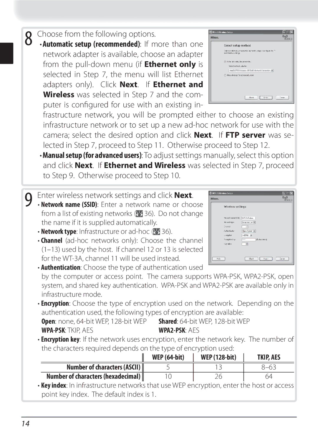 Nikon WT-3 user manual Choose from the following options, Enter wireless network settings and click Next 