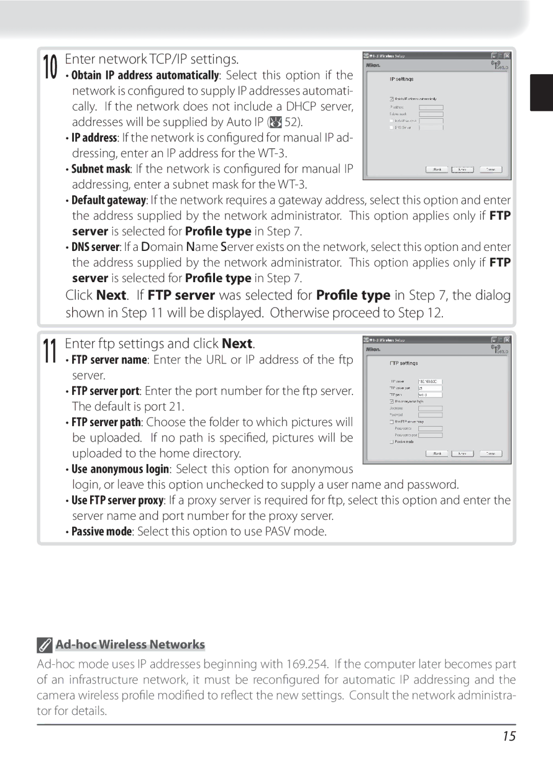 Nikon WT-3 user manual Enter network TCP/IP settings, Enter ftp settings and click Next, Ad-hoc Wireless Networks 