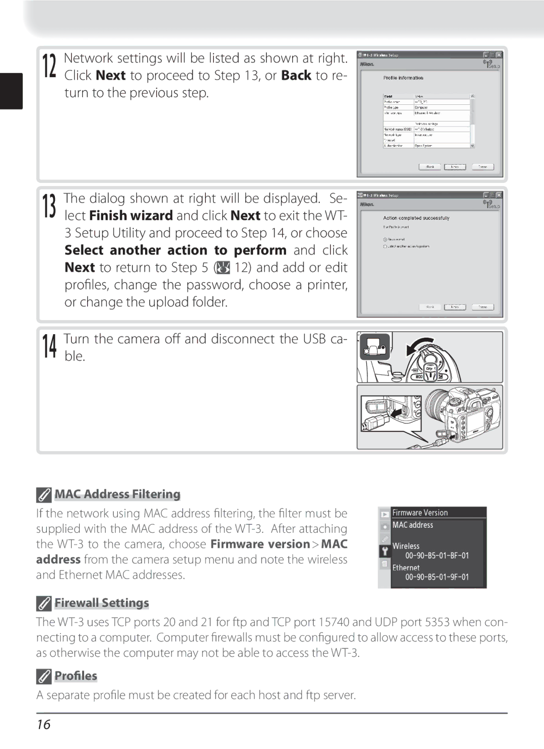 Nikon WT-3 user manual MAC Address Filtering, Firewall Settings, Proﬁles 