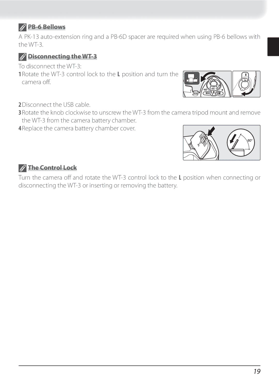 Nikon user manual PB-6 Bellows, Disconnecting the WT-3, Control Lock 