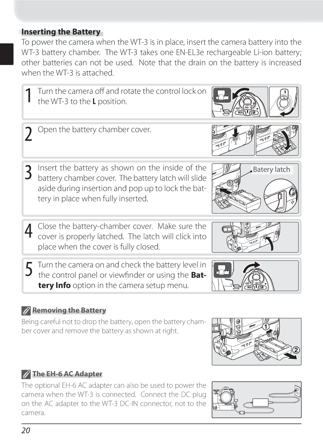 Nikon WT-3 Inserting the Battery, Insert the battery as shown on the inside, Place when the cover is fully closed 