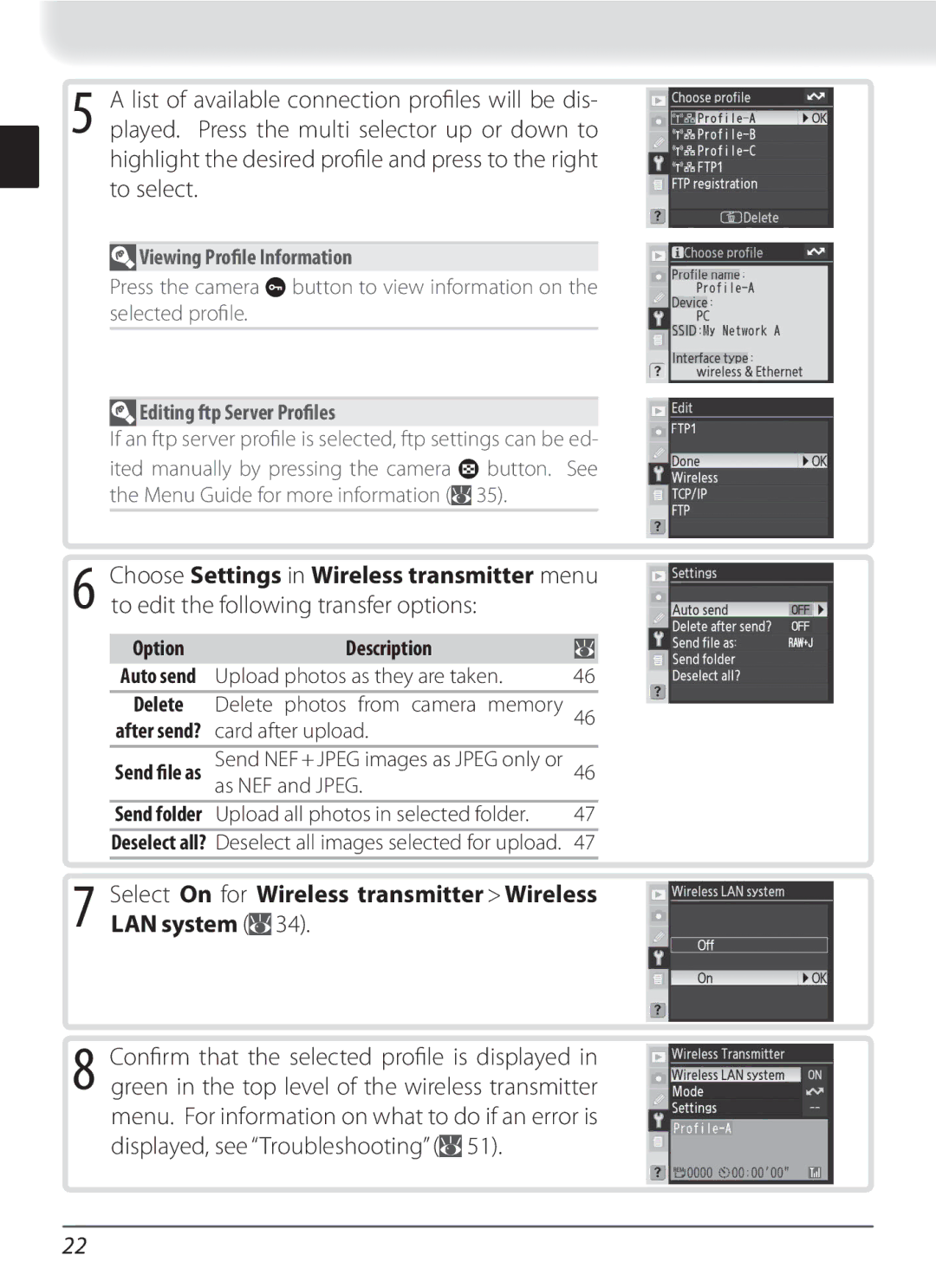 Nikon WT-3 Select On for Wireless transmitter Wireless LAN system, Viewing Proﬁle Information, Editing ftp Server Proﬁles 