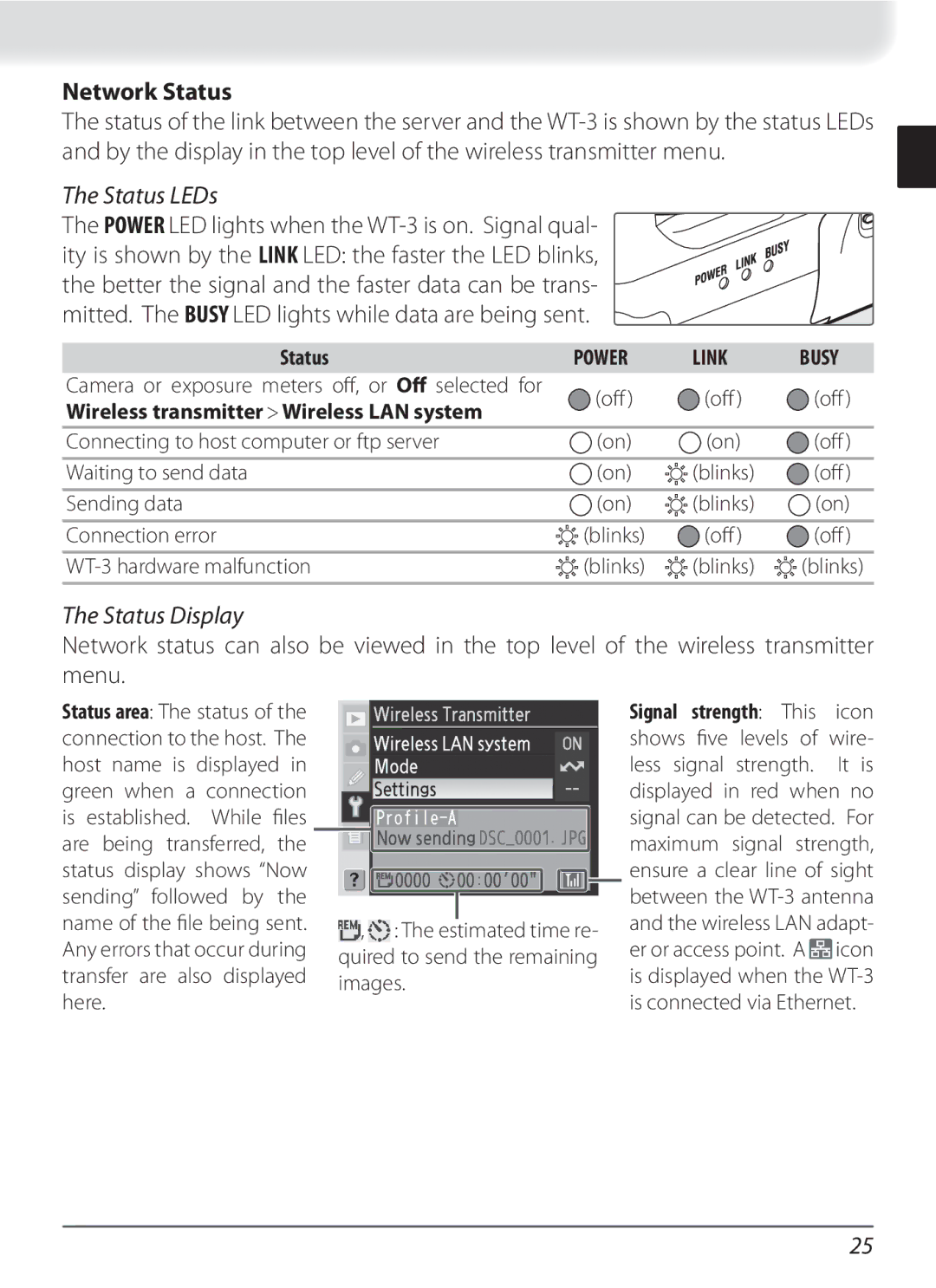 Nikon WT-3 user manual Network Status, Status LEDs, Status Display, Wireless transmitter Wireless LAN system 