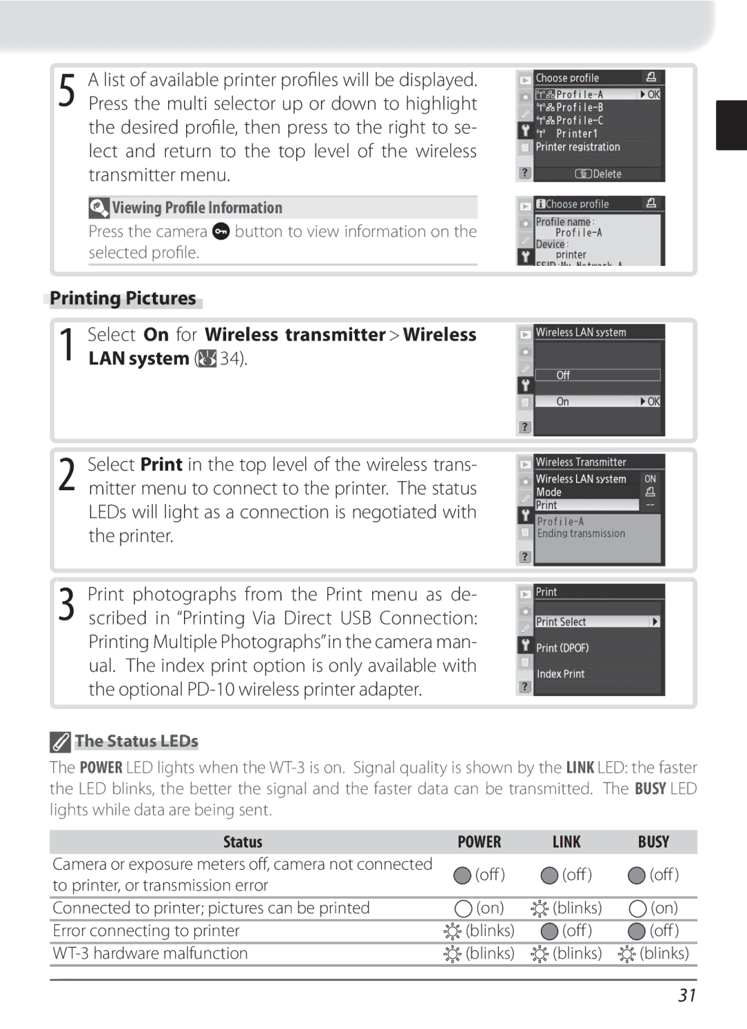 Nikon WT-3 user manual Status LEDs, To printer, or transmission error, Connected to printer pictures can be printed 