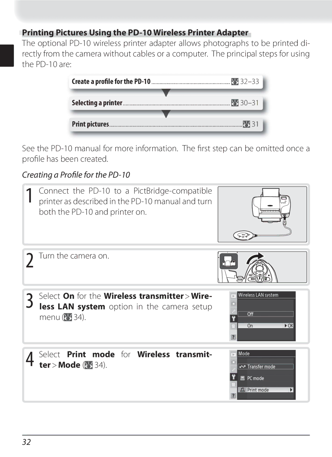 Nikon WT-3 user manual Printing Pictures Using the PD-10 Wireless Printer Adapter, Creating a Proﬁle for the PD-10 