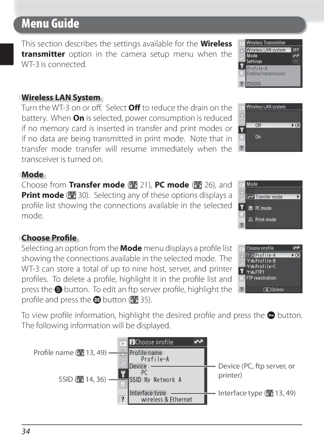 Nikon WT-3 user manual Menu Guide, Wireless LAN System 