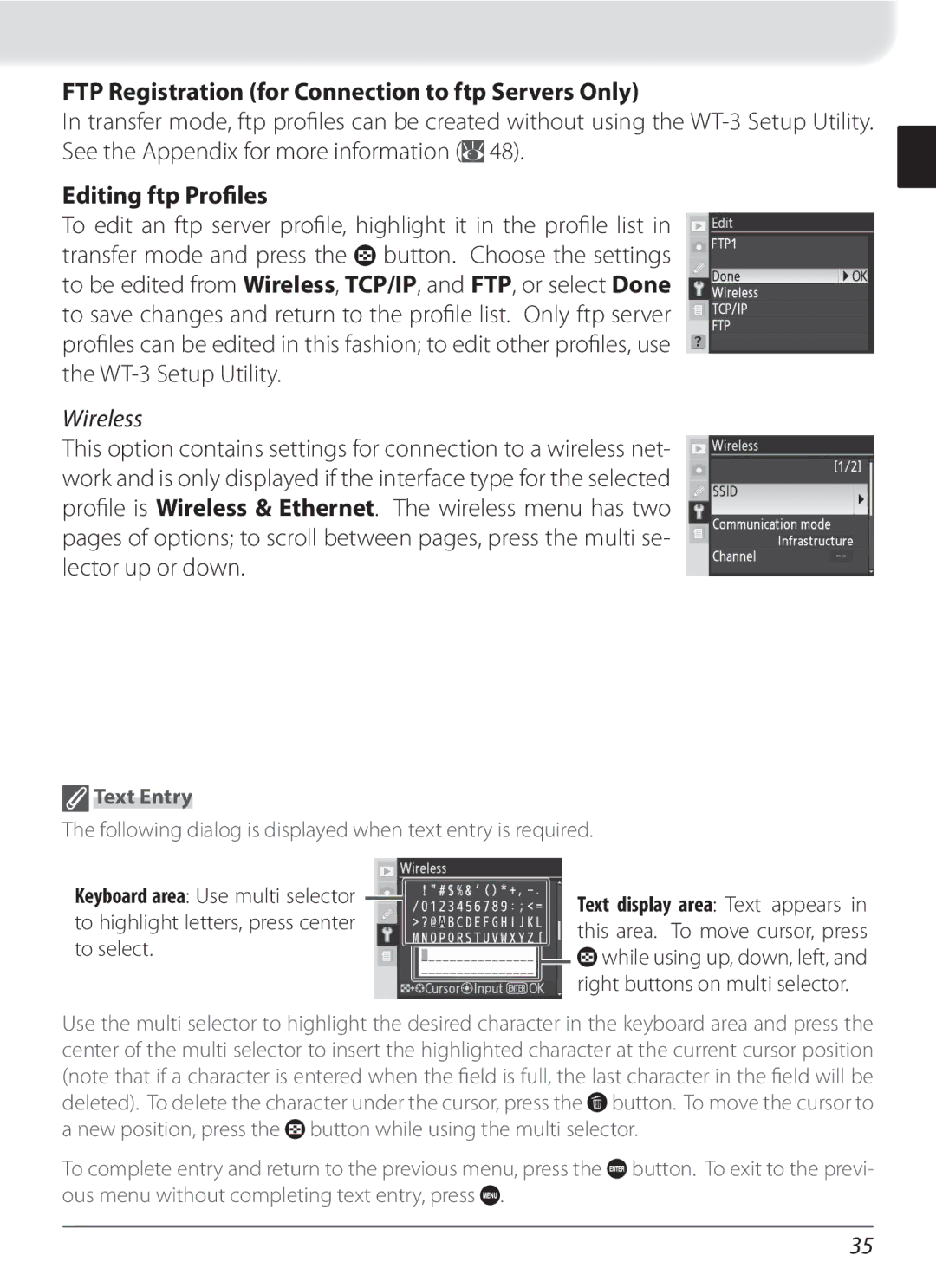 Nikon WT-3 user manual FTP Registration for Connection to ftp Servers Only, Editing ftp Proﬁles, Wireless, Text Entry 