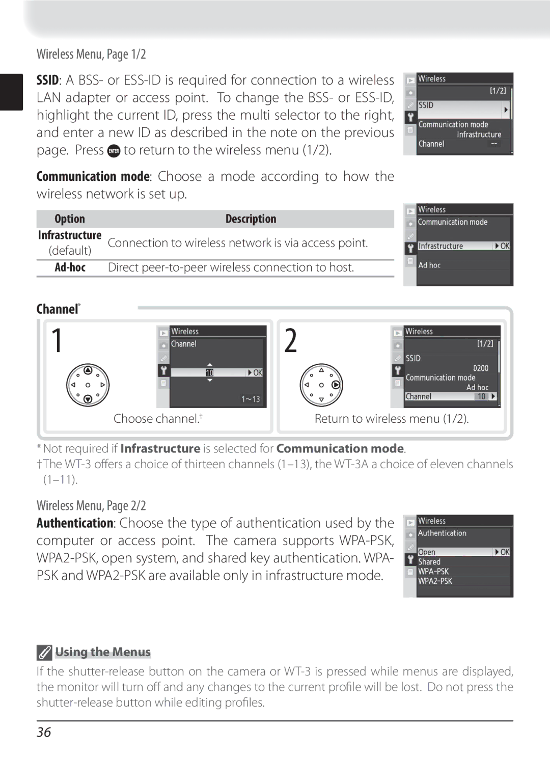 Nikon WT-3 user manual Channel, Option, Choose channel. †, Using the Menus 