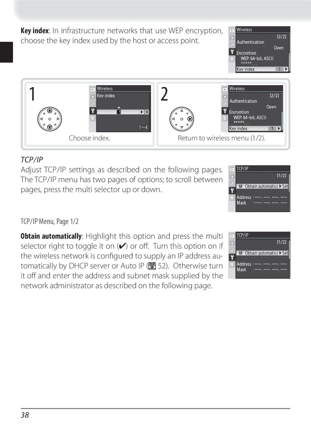 Nikon WT-3 user manual Tcp/Ip, Choose index 