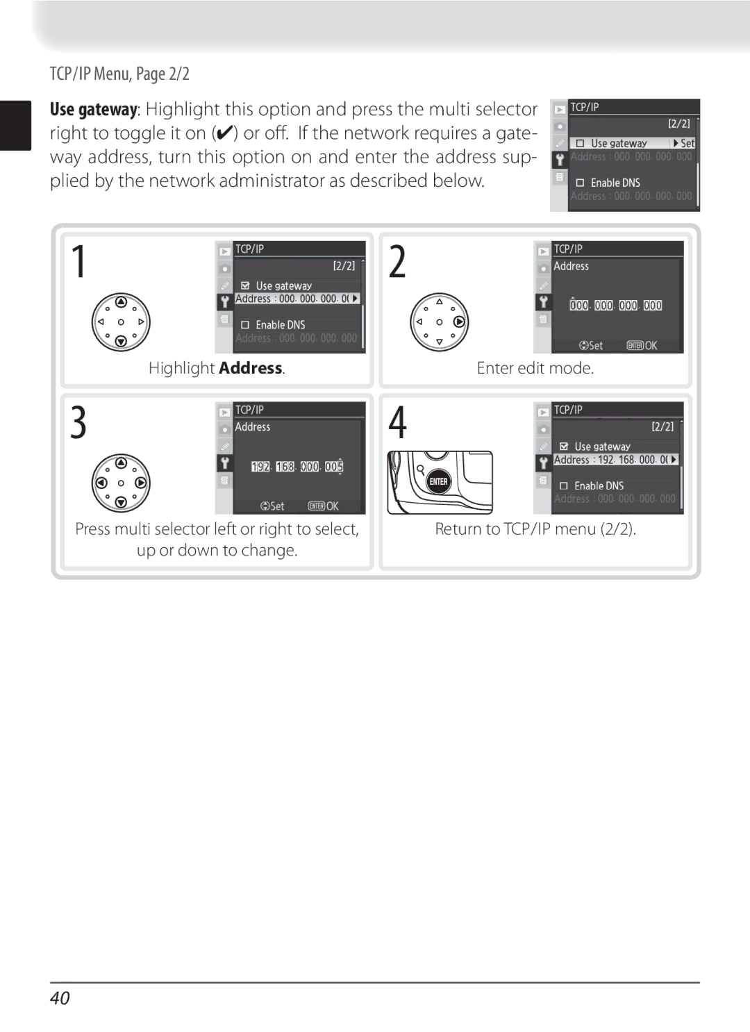 Nikon WT-3 user manual TCP/IP Menu, Page 2/2 