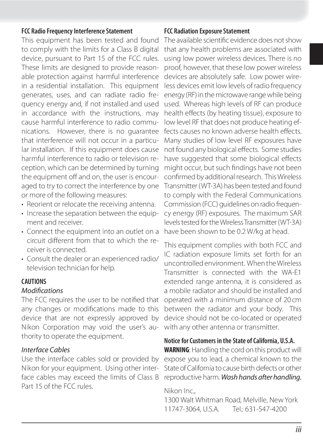 Nikon WT-3 user manual Iii, FCC Radiation Exposure Statement 