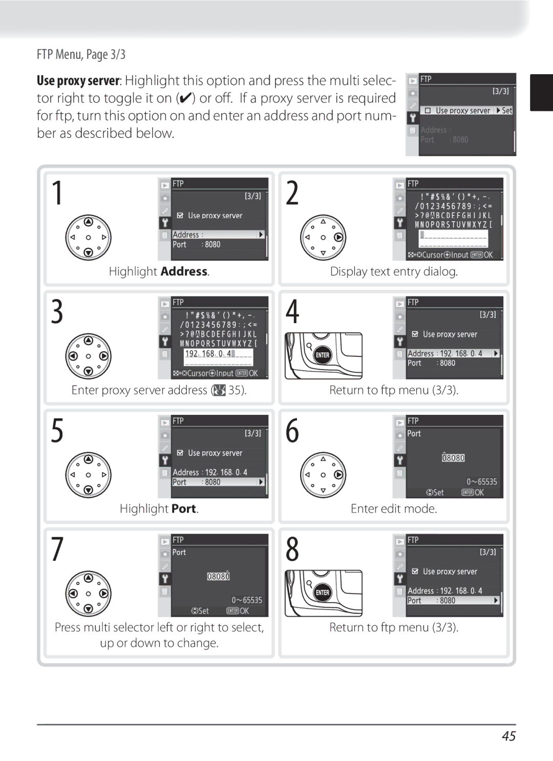 Nikon WT-3 user manual FTP Menu, Page 3/3, Enter proxy server address 