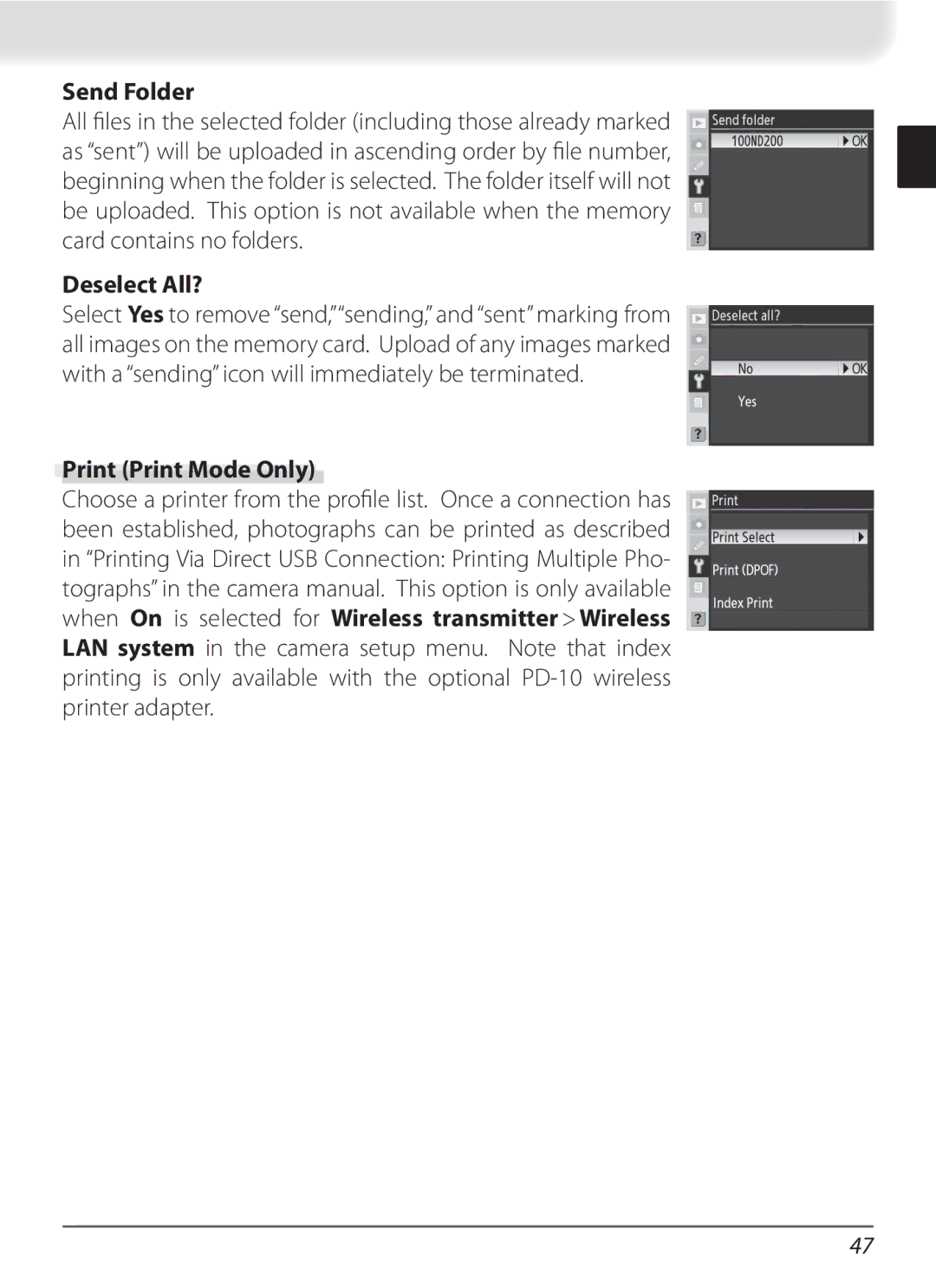 Nikon WT-3 user manual Send Folder, Deselect All?, Print Print Mode Only 