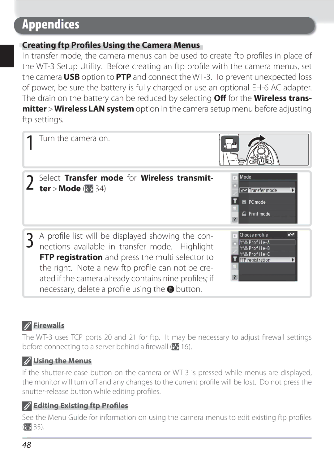 Nikon WT-3 Creating ftp Proﬁles Using the Camera Menus, Select Transfer mode for Wireless transmit- ter Mode, Firewalls 