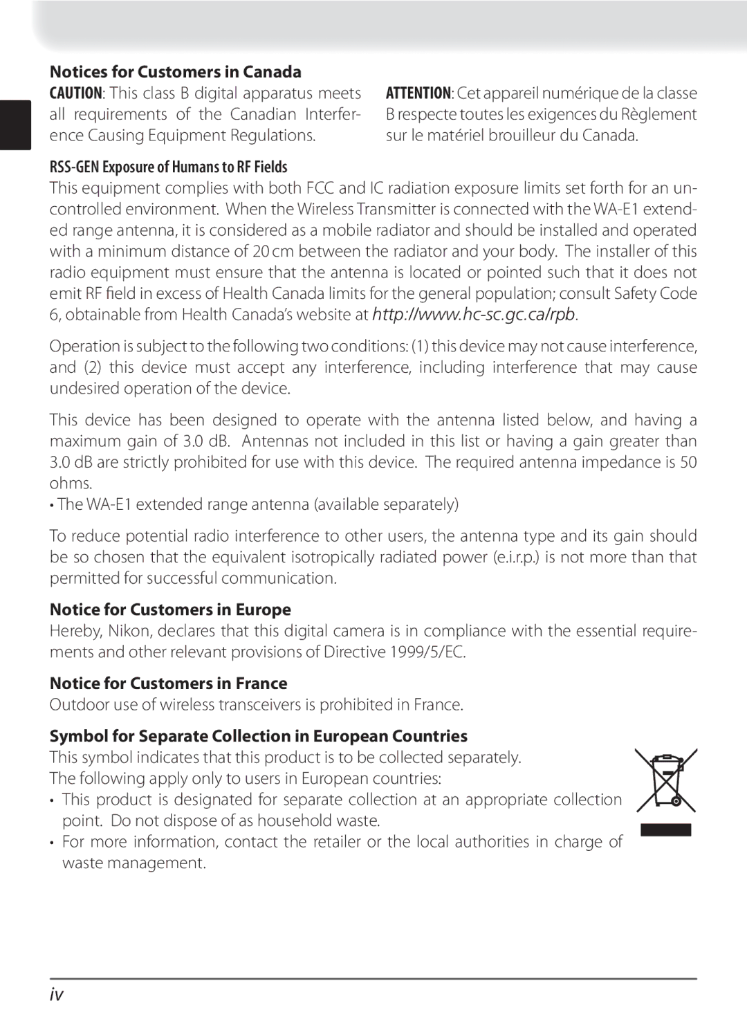 Nikon WT-3 user manual RSS-GEN Exposure of Humans to RF Fields, Symbol for Separate Collection in European Countries 