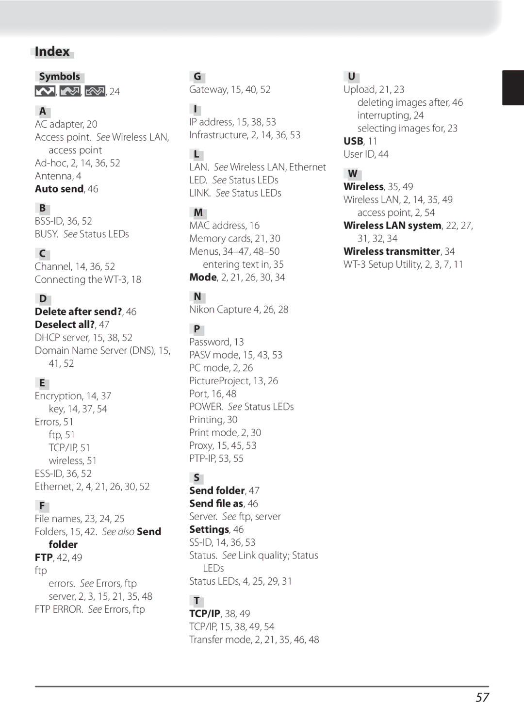 Nikon WT-3 user manual Index, Folder FTP, 42, 49 ftp 