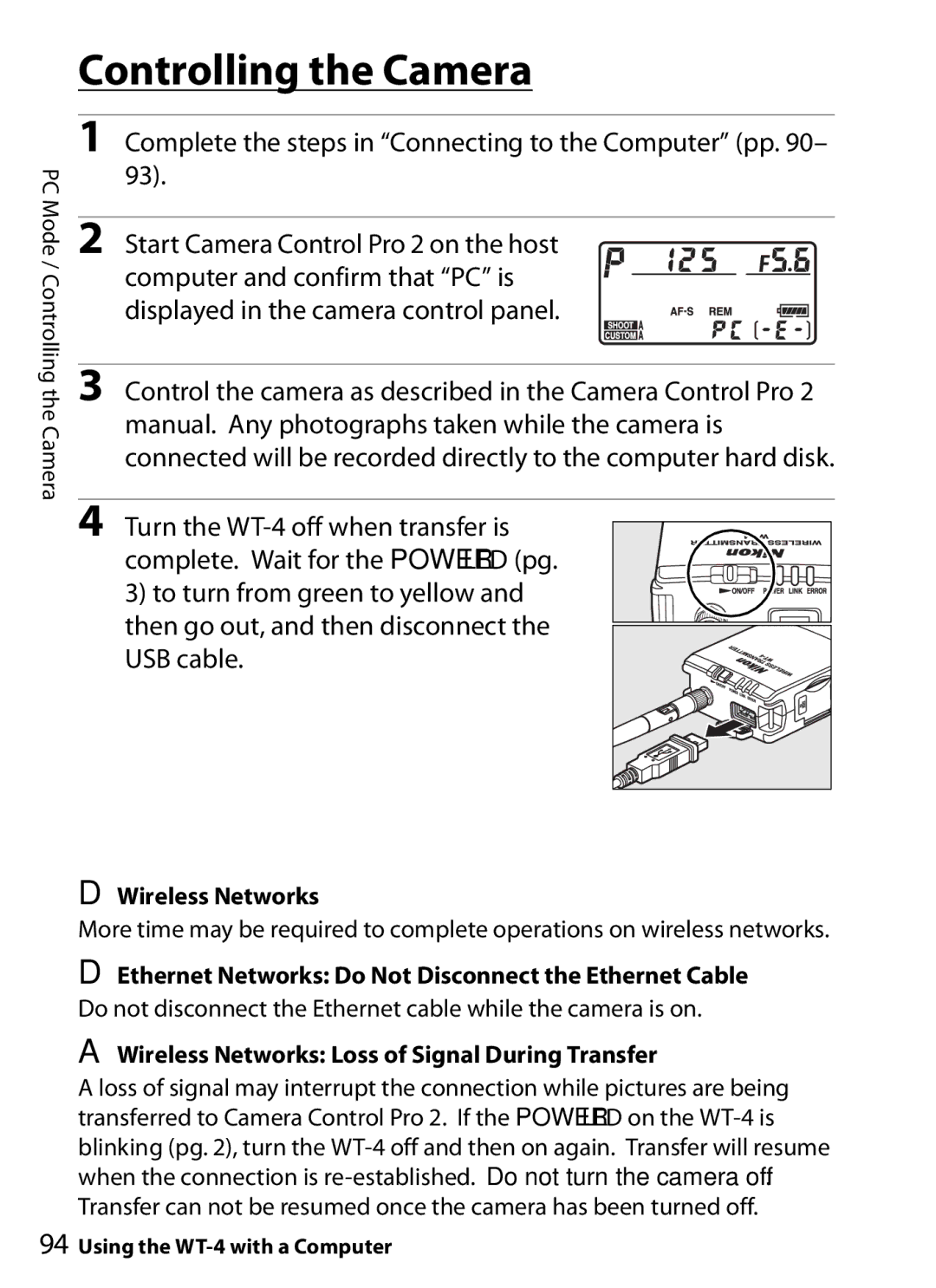 Nikon WT-4 user manual Controlling the Camera, Wireless Networks Loss of Signal During Transfer 