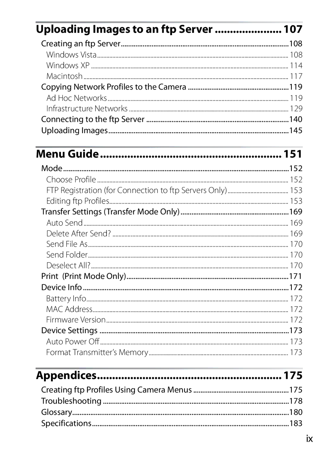 Nikon WT-4 user manual 107, Menu Guide 151, Appendices 175 