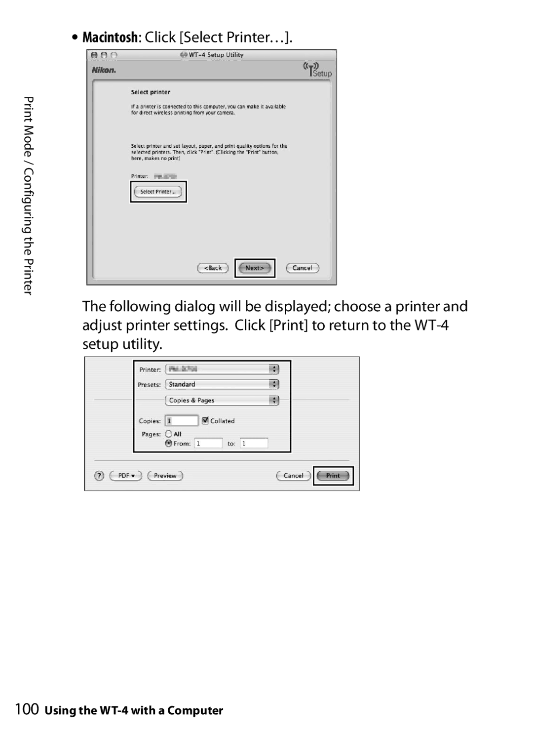 Nikon WT-4 user manual Macintosh Click Select Printer… 