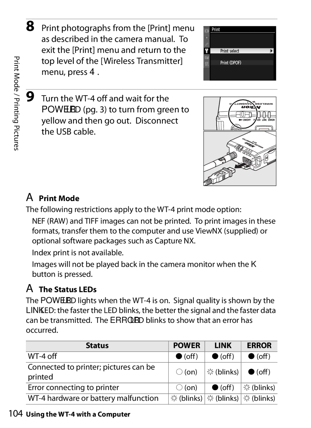 Nikon WT-4 user manual Print Mode, Power Link Error 