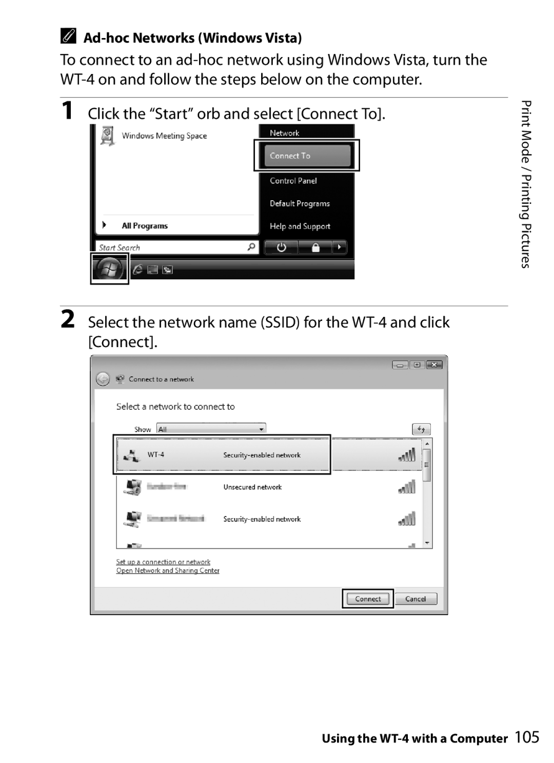 Nikon WT-4 user manual Ad-hoc Networks Windows Vista 