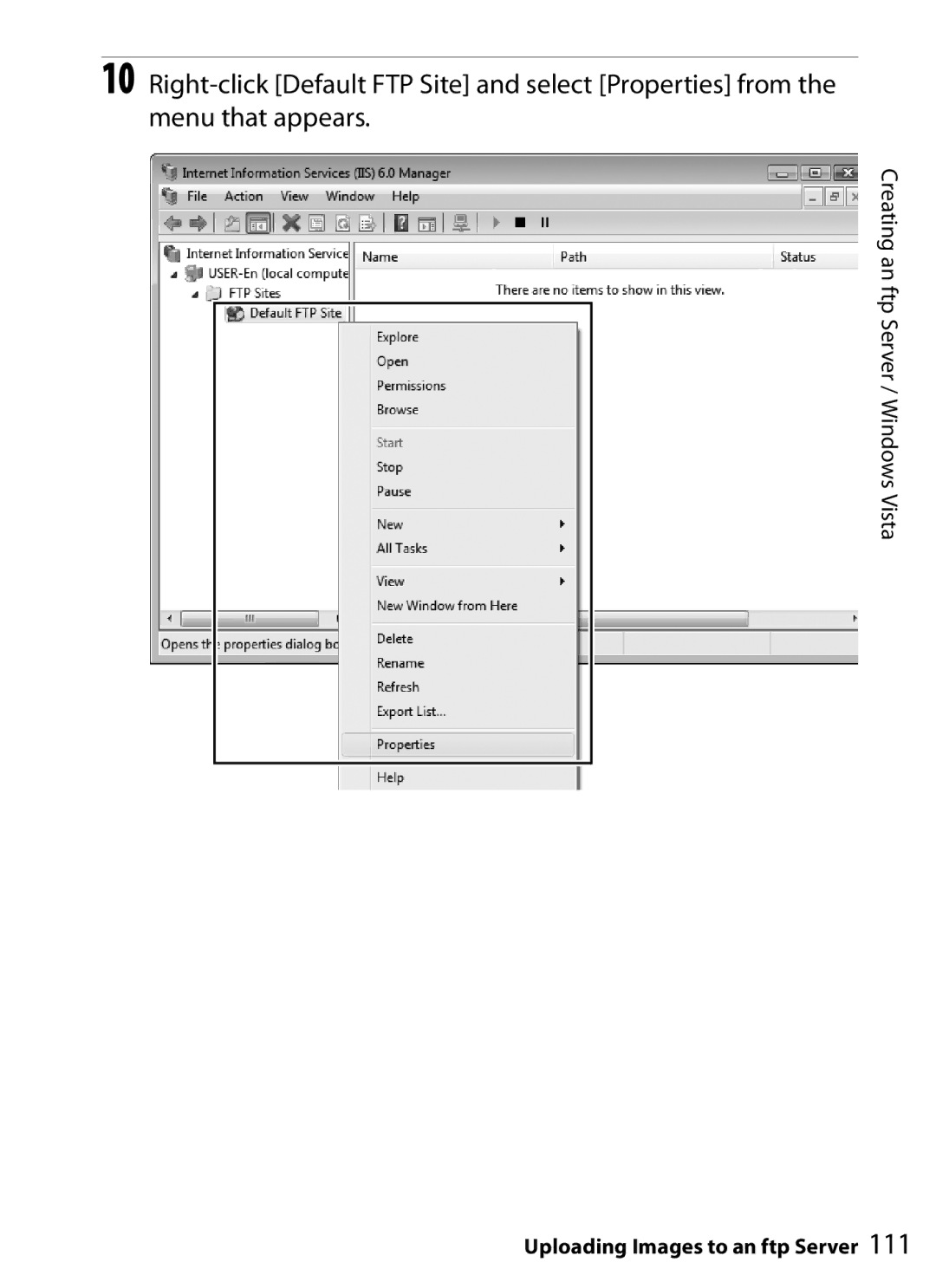 Nikon WT-4 user manual Creating an ftp Server / Windows Vista 