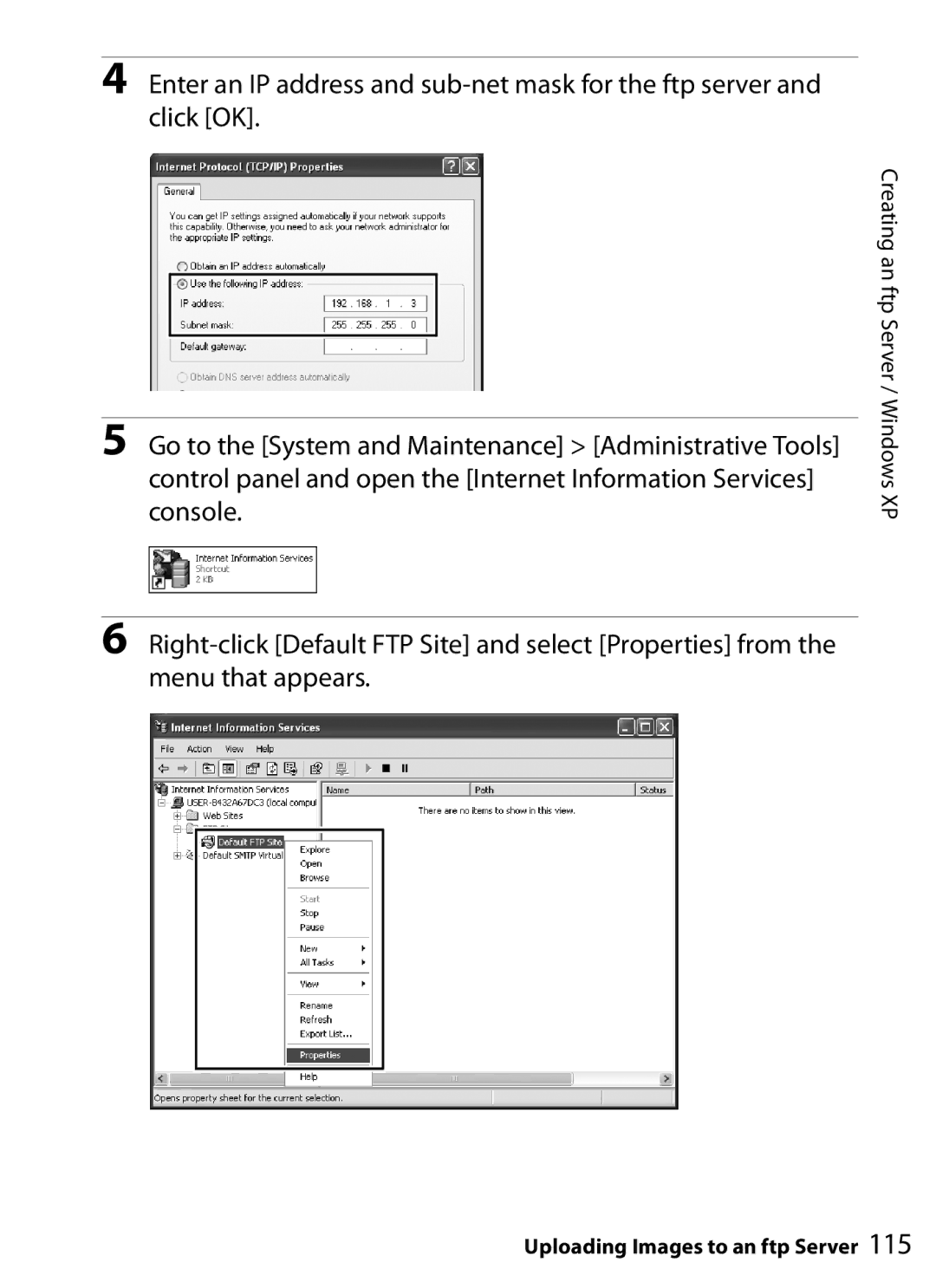 Nikon WT-4 user manual Creating an ftp Server / Windows XP 