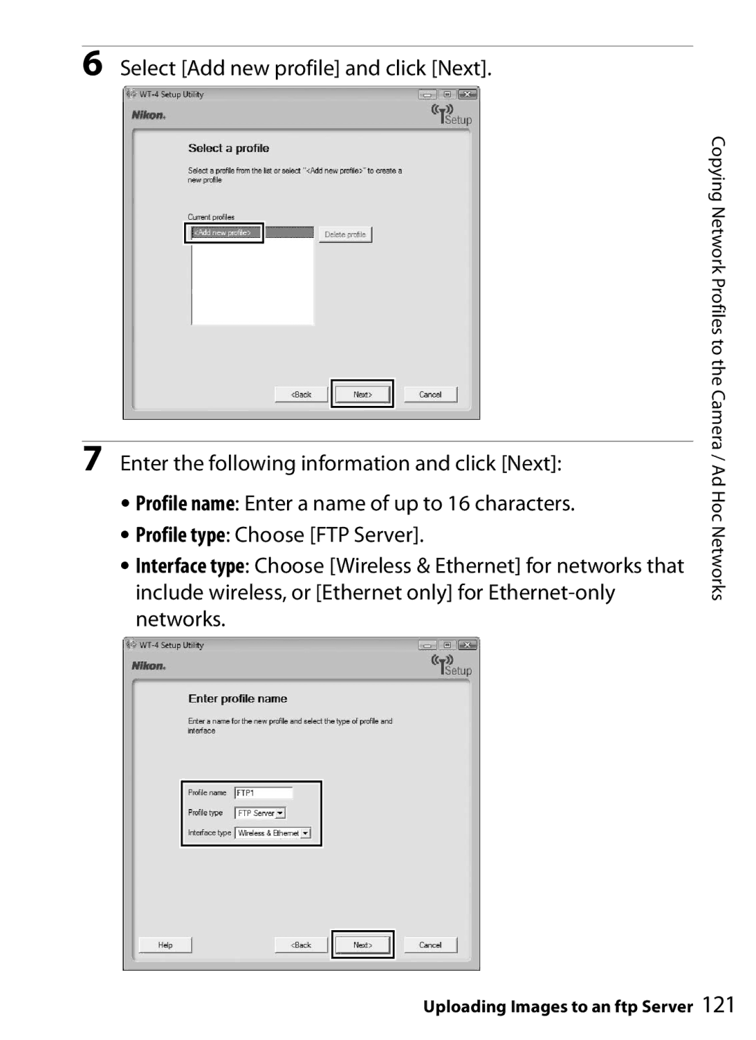 Nikon WT-4 user manual Copying Network Profiles to the Camera / Ad Hoc Networks 