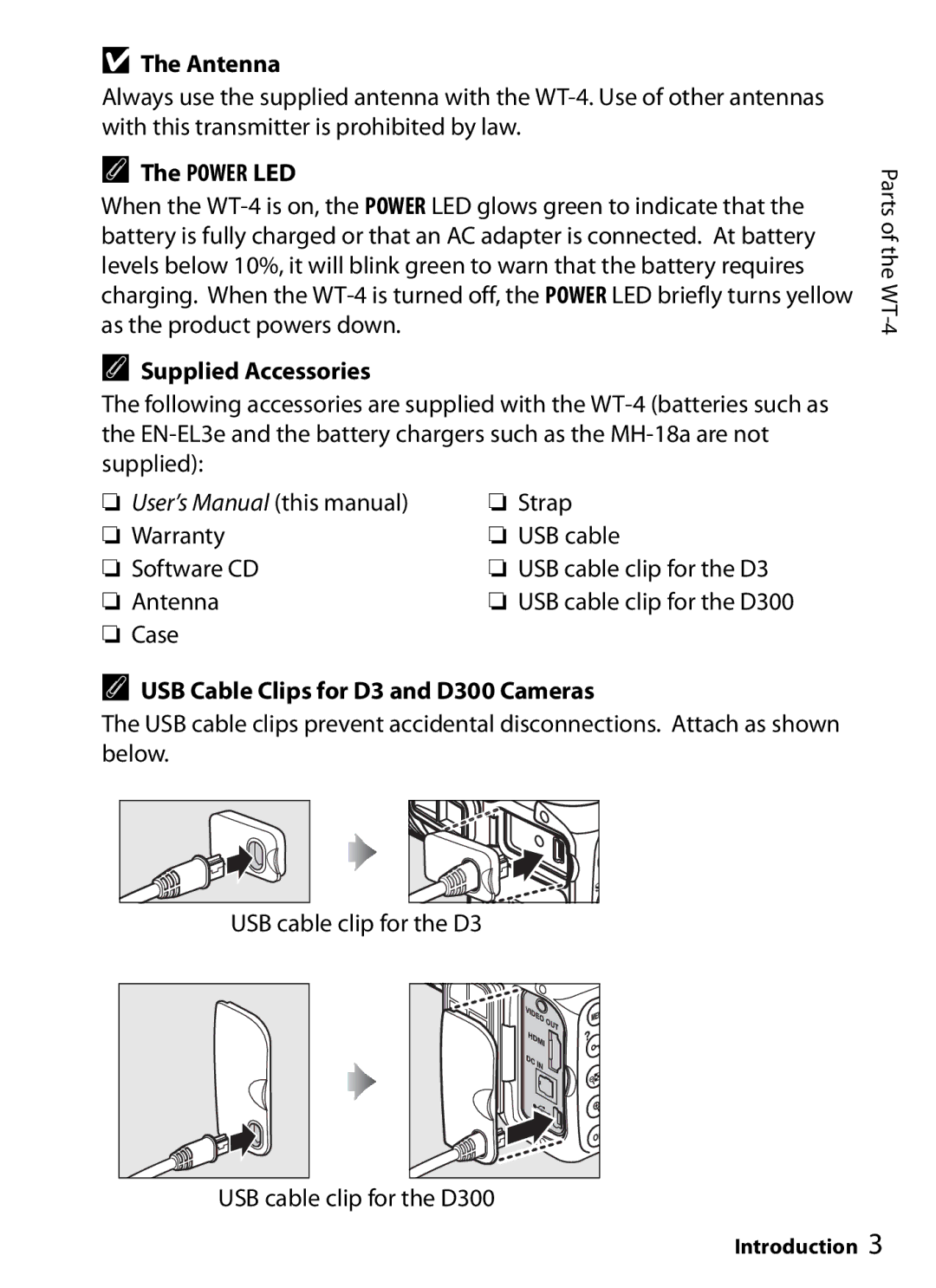 Nikon WT-4 user manual Antenna, Power LED, Supplied Accessories, USB Cable Clips for D3 and D300 Cameras 