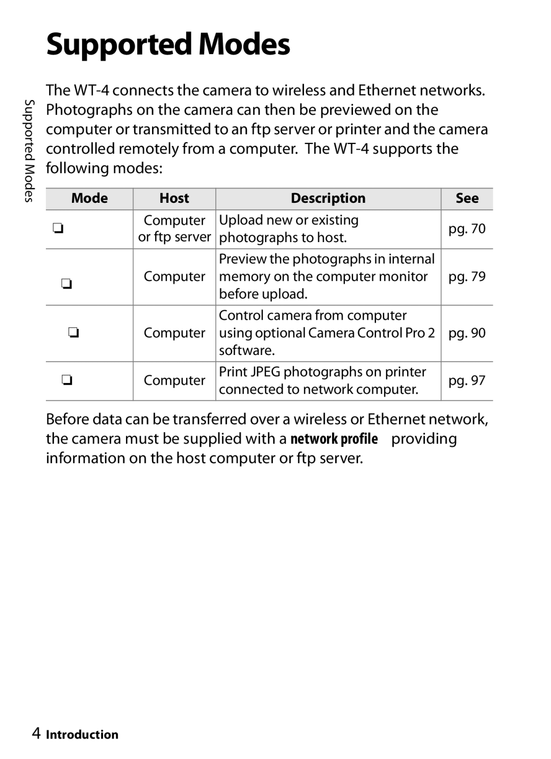 Nikon WT-4 user manual Supported Modes, Mode Host Description See 