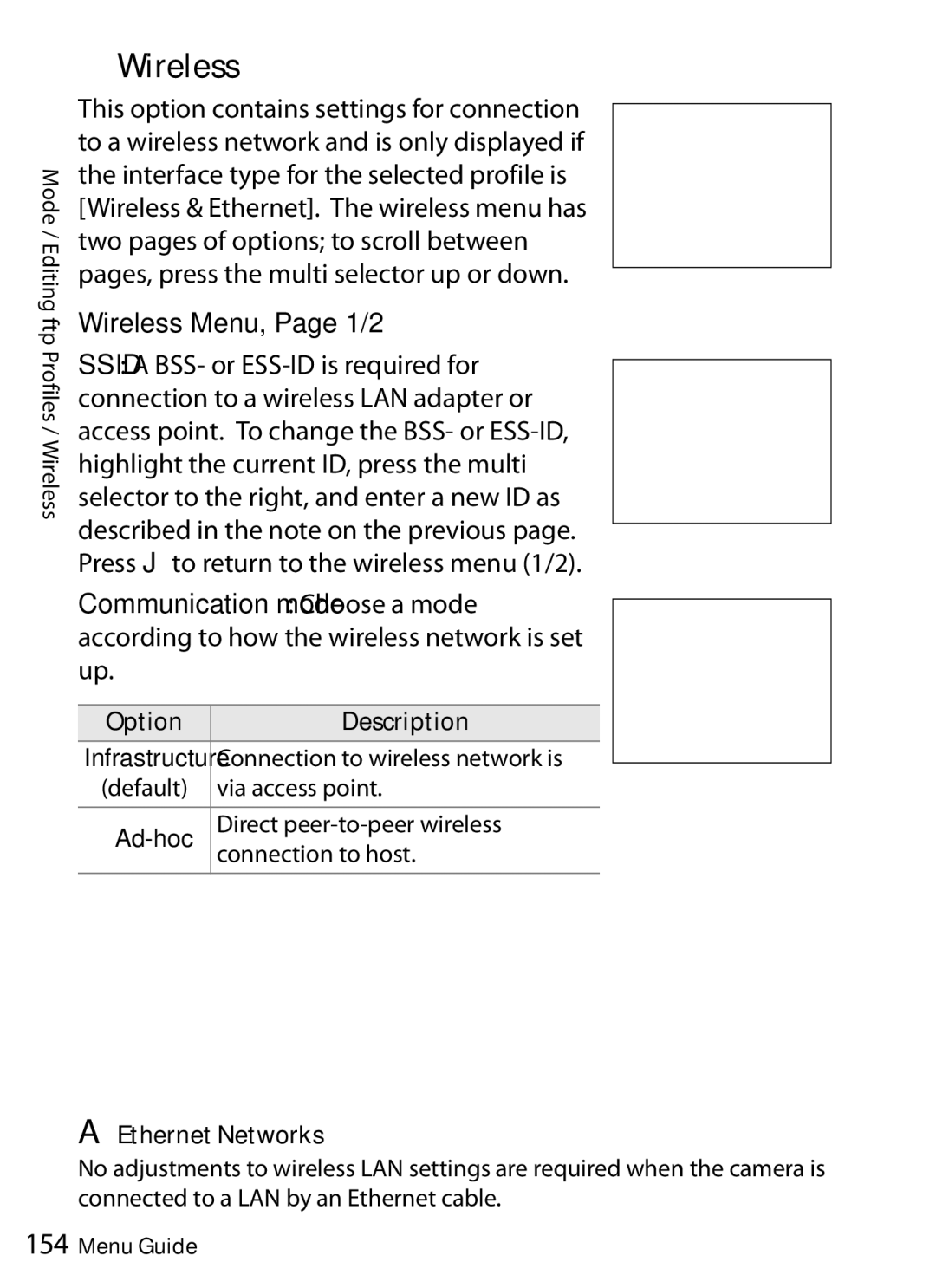 Nikon WT-4 user manual Wireless, Option Description, Ethernet Networks 