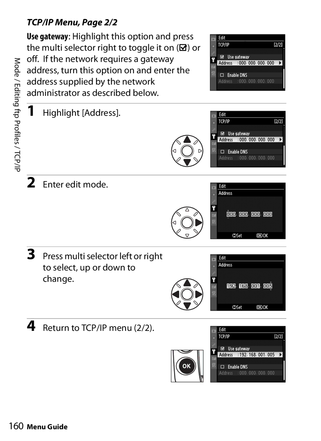 Nikon WT-4 user manual TCP/IP Menu, Page 2/2 