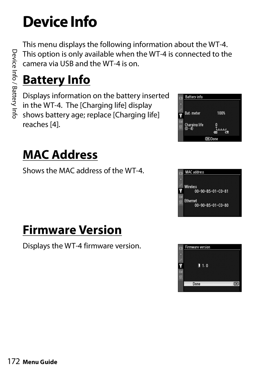 Nikon WT-4 user manual Device Info, Battery Info, MAC Address, Firmware Version 