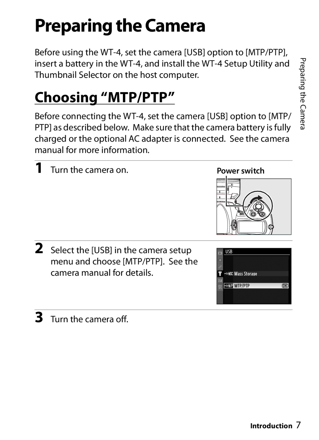 Nikon WT-4 user manual Preparing the Camera, Choosing MTP/PTP 