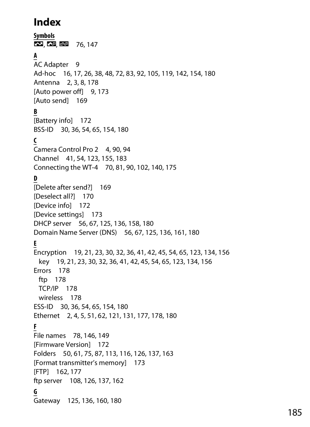 Nikon WT-4 user manual Index, Symbols 