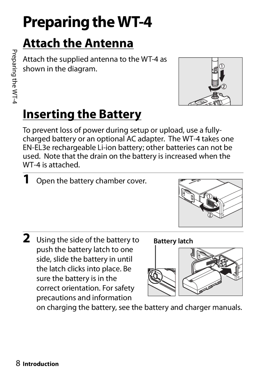 Nikon user manual Preparing the WT-4, Attach the Antenna, Inserting the Battery 