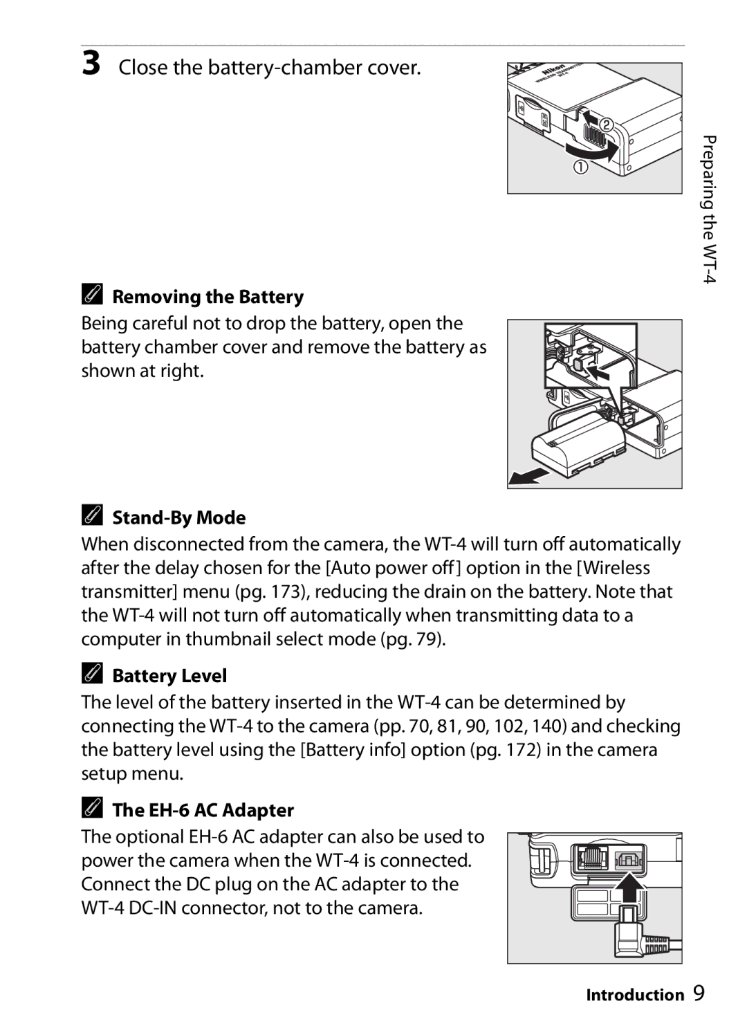 Nikon WT-4 user manual Removing the Battery, Stand-By Mode, Battery Level, EH-6 AC Adapter 