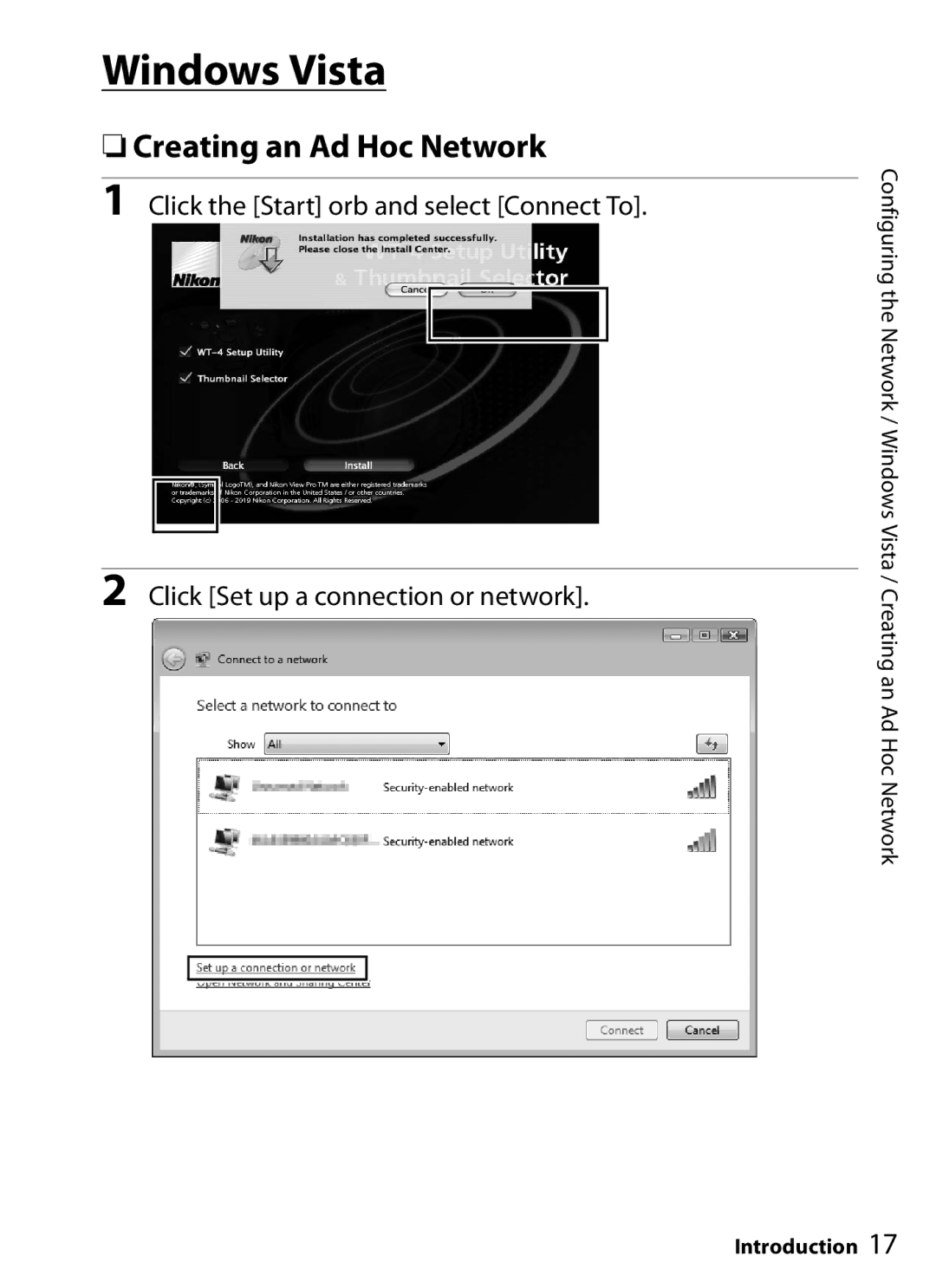 Nikon WT-4 user manual Windows Vista, Creating an Ad Hoc Network 