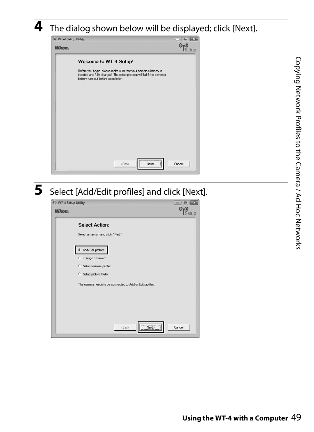 Nikon WT-4 user manual Copying Network Profiles to the Camera / Ad Hoc Networks 